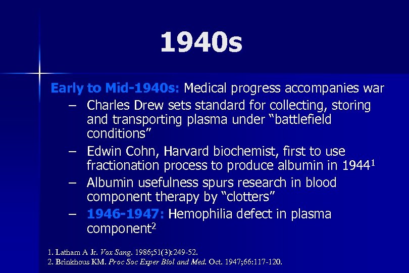 1940 s Early to Mid-1940 s: Medical progress accompanies war – Charles Drew sets