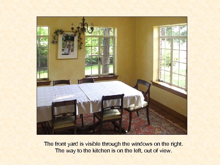 The front yard is visible through the windows on the right. The way to