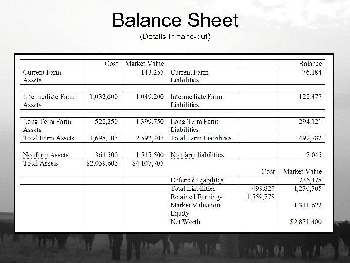 Balance Sheet (Details in hand-out) 