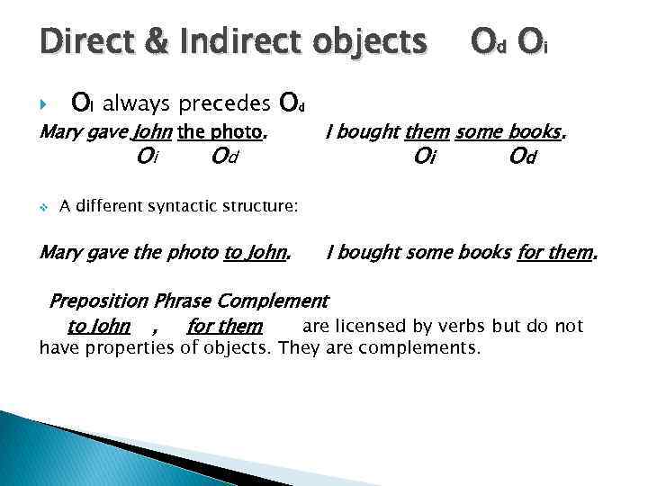 Direct & Indirect objects Oi always precedes O Mary gave John the photo. Oi