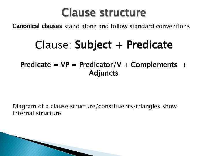 Clause structure Canonical clauses stand alone and follow standard conventions Clause: Subject + Predicate