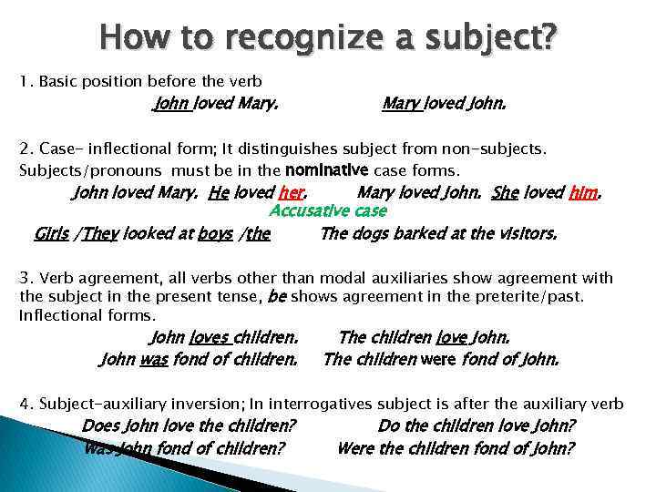 How to recognize a subject? 1. Basic position before the verb John loved Mary