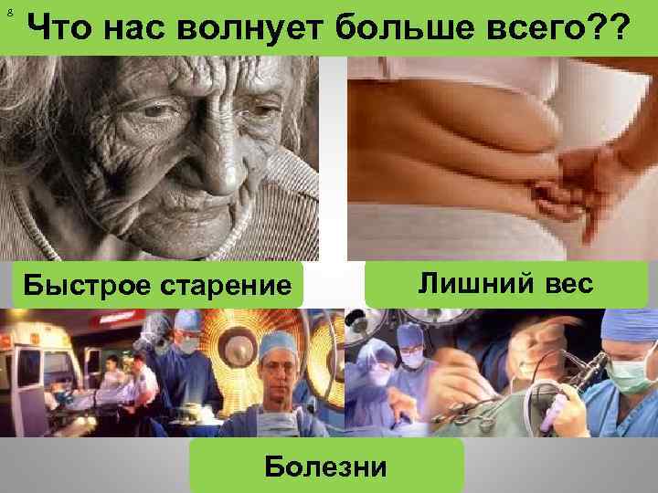 8 Что нас волнует больше всего? ? Быстрое старение Болезни Лишний вес 