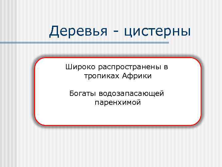 Деревья - цистерны Широко распространены в тропиках Африки Богаты водозапасающей паренхимой 