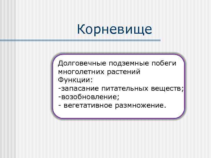 Корневище Долговечные подземные побеги многолетних растений Функции: -запасание питательных веществ; -возобновление; - вегетативное размножение.