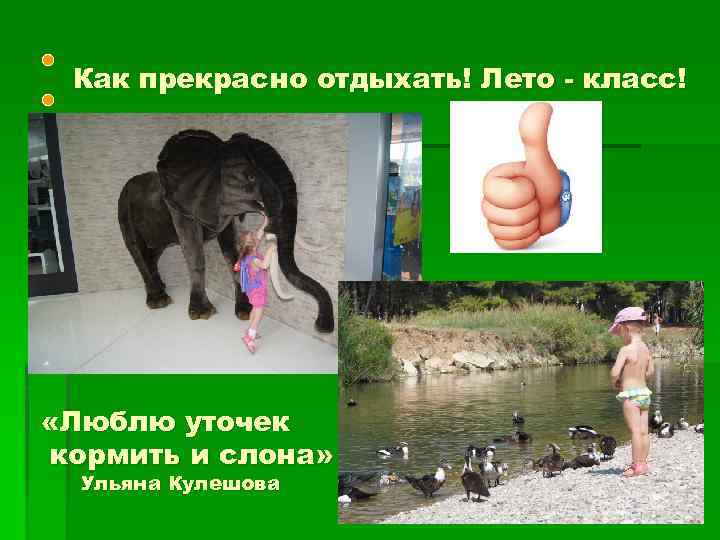 Как прекрасно отдыхать! Лето - класс! «Люблю уточек кормить и слона» Ульяна Кулешова 