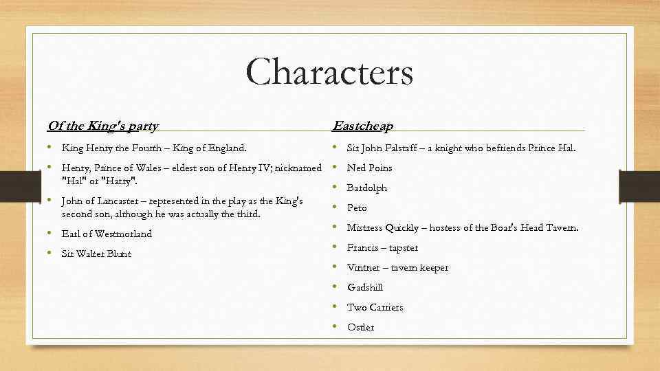Characters Of the King's party Eastcheap • King Henry the Fourth – King of