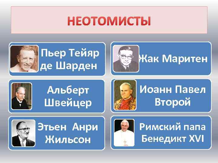 НЕОТОМИСТЫ Пьер Тейяр де Шарден Жак Маритен Альберт Швейцер Иоанн Павел Второй Этьен Анри