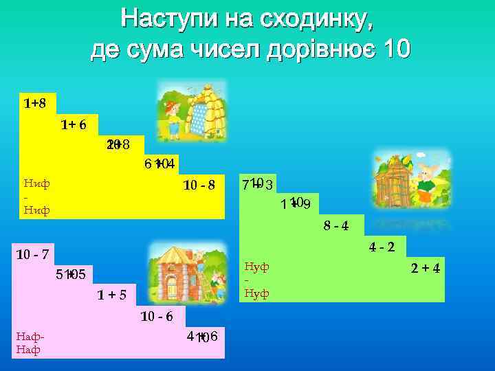 Наступи на сходинку, де сума чисел дорівнює 10 1+8 1+ 6 10 2+8 6
