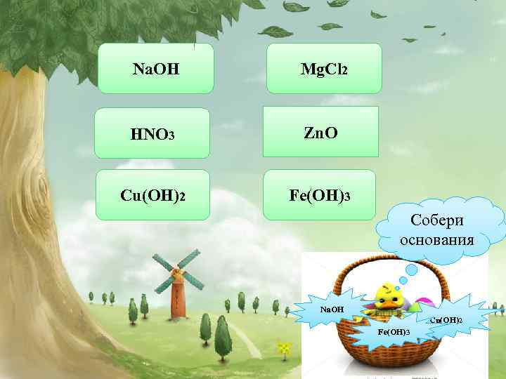 Na. OH Mg. Cl 2 HNO 3 Zn. O Cu(OH)2 Fe(OH)3 Собери основания Na.