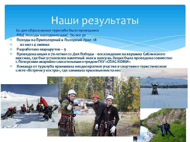 Наши результаты Со дня образования турклуба было проведено: ПВД /походы выходного дня/ - более