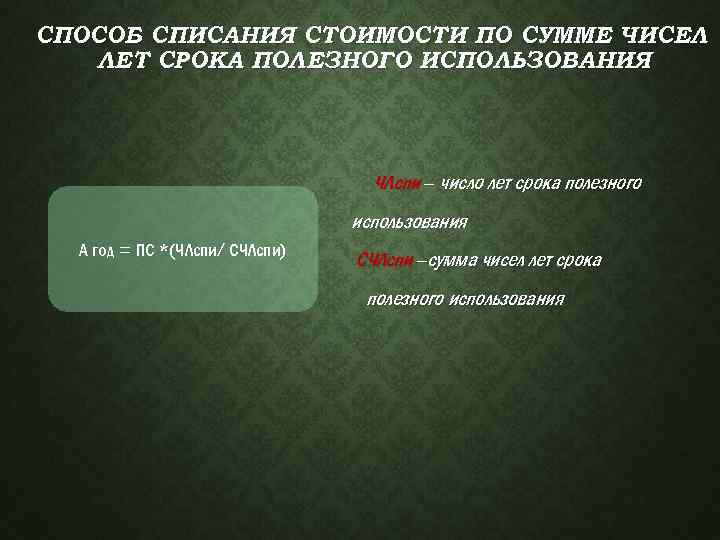 СПОСОБ СПИСАНИЯ СТОИМОСТИ ПО СУММЕ ЧИСЕЛ ЛЕТ СРОКА ПОЛЕЗНОГО ИСПОЛЬЗОВАНИЯ ЧЛспи – число лет