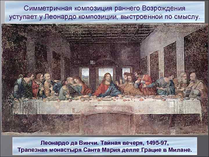 Симметричная композиция раннего Возрождения уступает у Леонардо композиции, выстроенной по смыслу. Леонардо да Винчи.