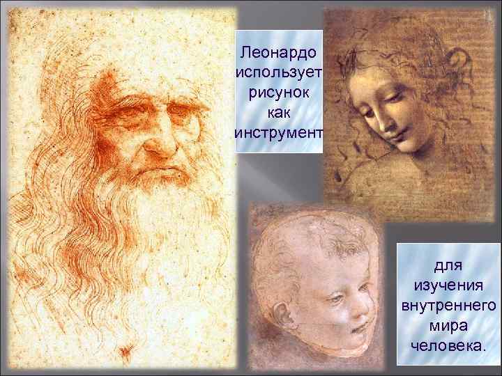 Леонардо использует рисунок как инструмент для изучения внутреннего мира человека. 