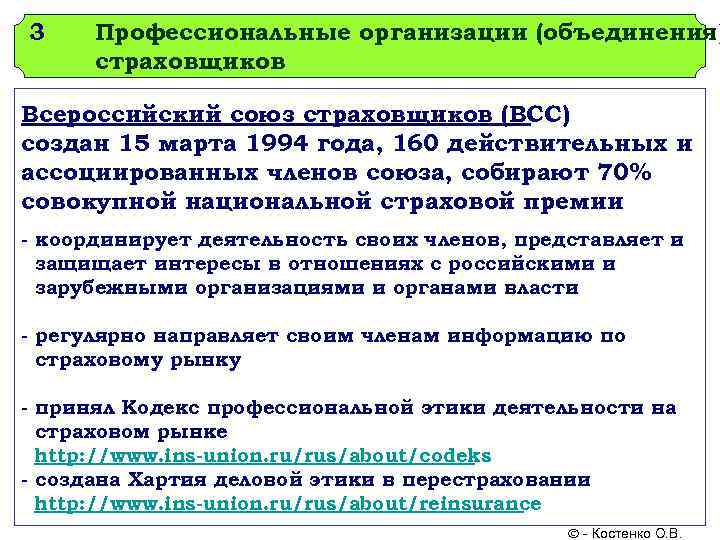 3 Профессиональные организации (объединения) страховщиков Всероссийский союз страховщиков (ВСС) создан 15 марта 1994 года,