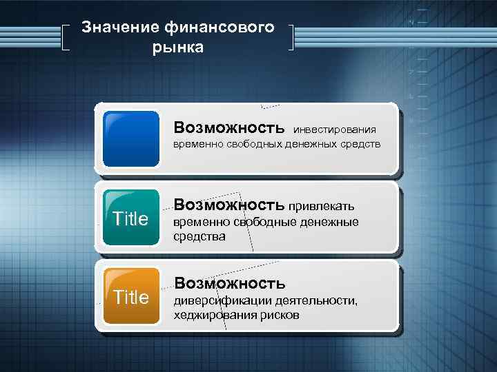 Значение финансового рынка Возможность инвестирования временно свободных денежных средств Title Возможность привлекать временно свободные