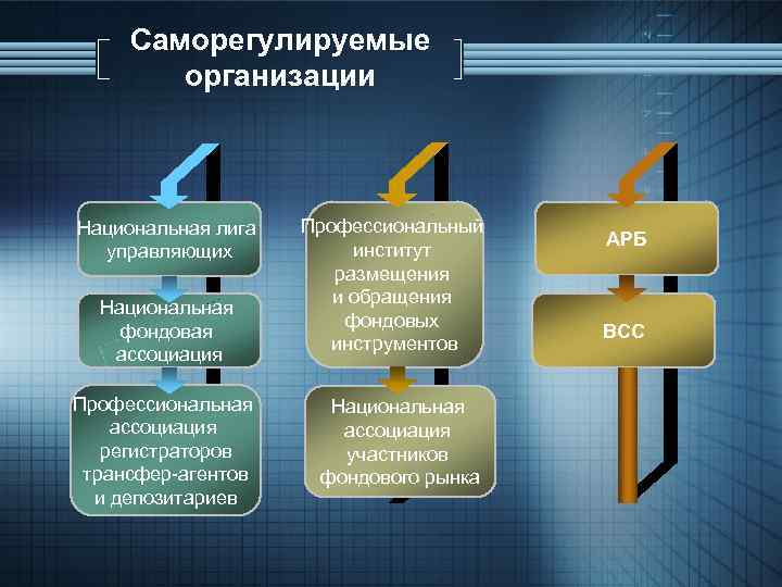 Саморегулируемые организации Национальная лига управляющих Национальная фондовая ассоциация Профессиональная ассоциация регистраторов трансфер-агентов и депозитариев