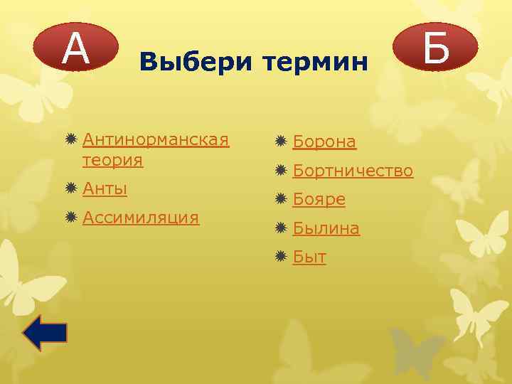 А Выбери термин ð Антинорманская теория ð Анты ð Ассимиляция ð Борона ð Бортничество