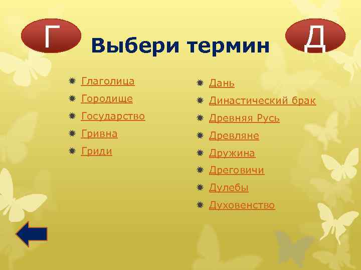 Г Выбери термин Д ð Глаголица ð Дань ð Городище ð Династический брак ð