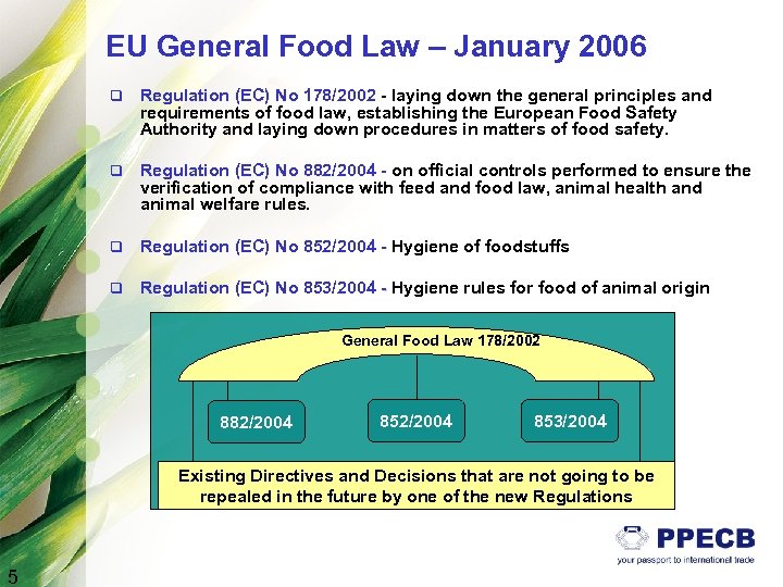 EU General Food Law – January 2006 q Regulation (EC) No 178/2002 - laying