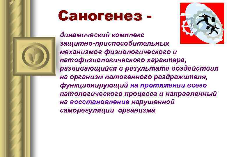 Саногенез динамический комплекс защитно-приспособительных механизмов физиологического и патофизиологического характера, развивающийся в результате воздействия на