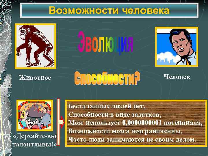 Возможности человека Животное «Дерзайте-вы талантливы!» Человек Бесталанных людей нет, Способности в виде задатков, Мозг