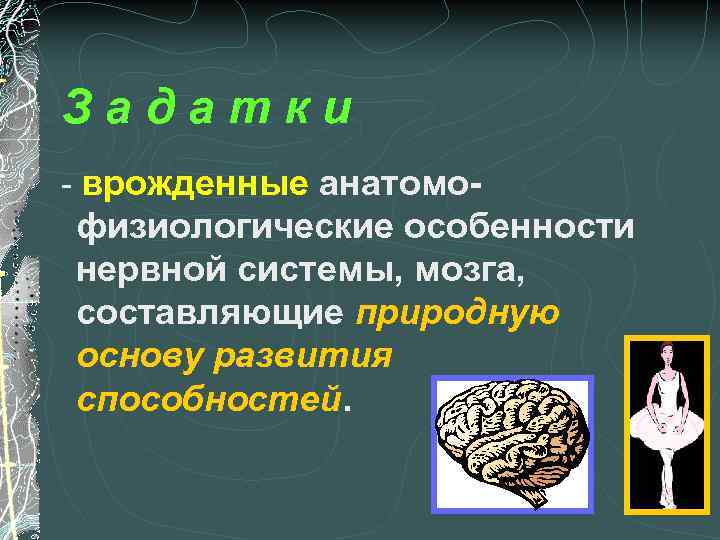 Задатки - врожденные анатомо- физиологические особенности нервной системы, мозга, составляющие природную основу развития способностей.