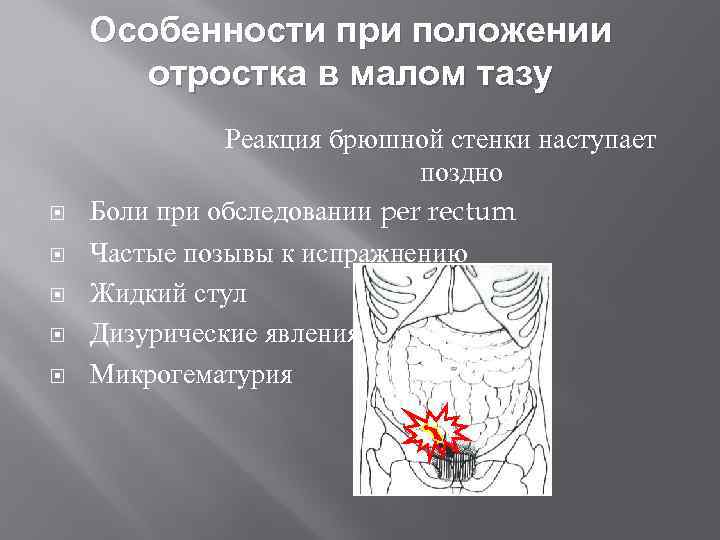 Особенности при положении отростка в малом тазу Реакция брюшной стенки наступает поздно Боли при