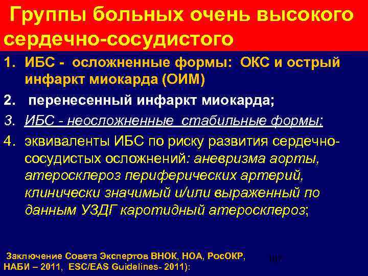  Группы больных очень высокого сердечно-сосудистого 1. ИБС - осложненные формы: ОКС и острый