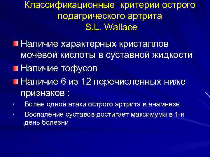 Классификационные критерии острого подагрического артрита S. L. Wallace Наличие характерных кристаллов мочевой кислоты в