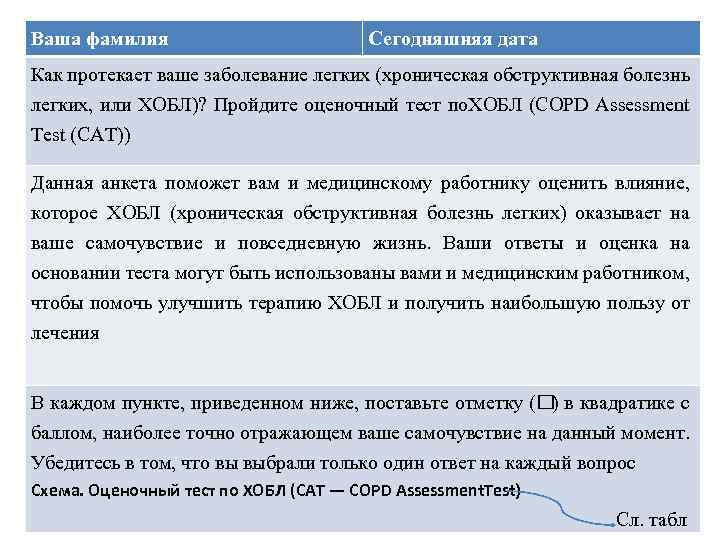 Ваша фамилия Сегодняшняя дата Как протекает ваше заболевание легких (хроническая обструктивная болезнь легких, или