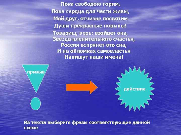 Пока свободою горим, Пока сердца для чести живы, Мой друг, отчизне посвятим Души прекрасные
