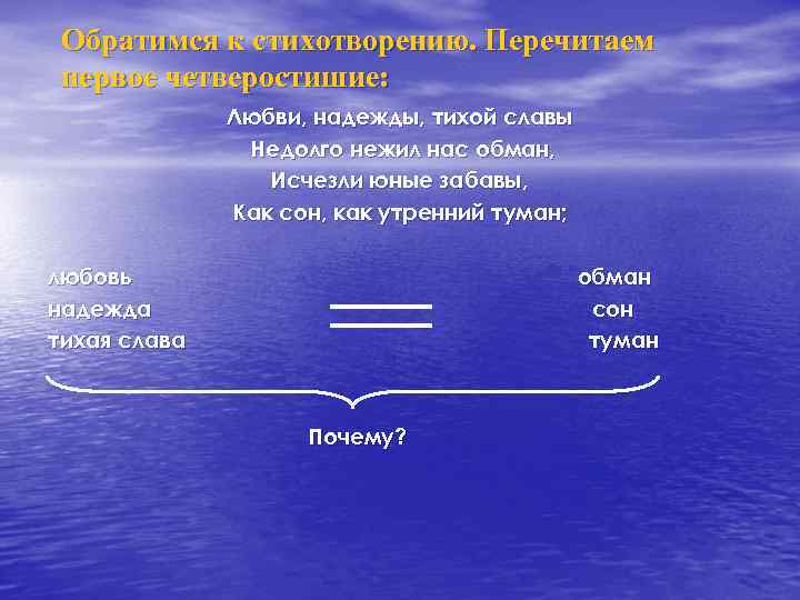 Обратимся к стихотворению. Перечитаем первое четверостишие: Любви, надежды, тихой славы Недолго нежил нас обман,