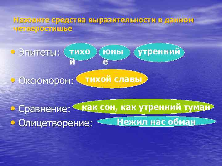 Назовите средства выразительности в данном четверостишье • Эпитеты: тихо й • Оксюморон: юны е