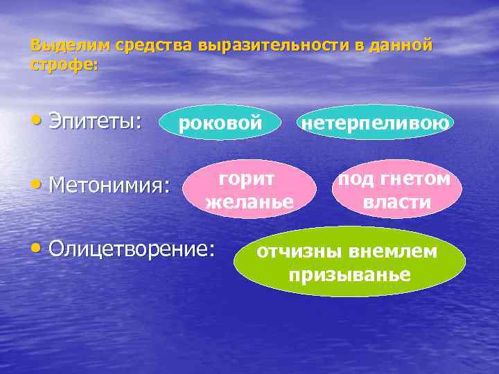 Выделим средства выразительности в данной строфе: • Эпитеты: роковой • Метонимия: горит желанье •