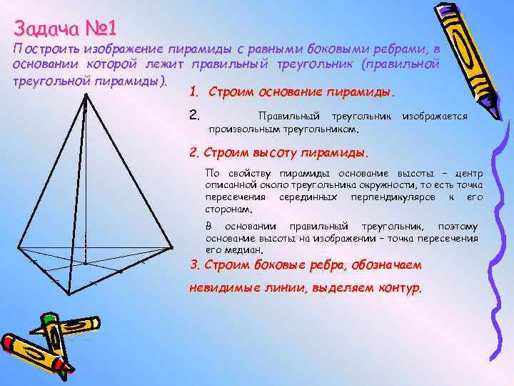 Задача № 1 Построить изображение пирамиды с равными боковыми ребрами, в основании которой лежит