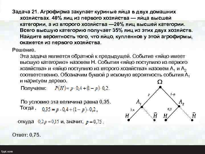 Задача 21. Агрофирма закупает куриные яйца в двух домашних хозяйствах. 40% яиц из первого