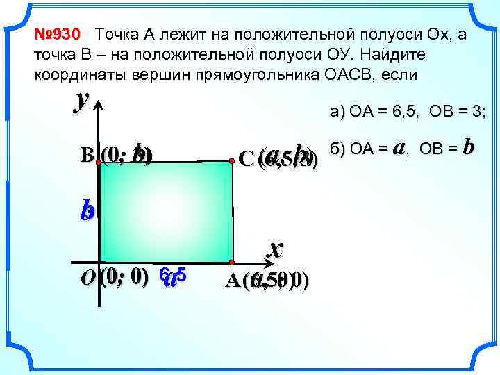 № 930 Точка А лежит на положительной полуоси Ох, а точка В – на