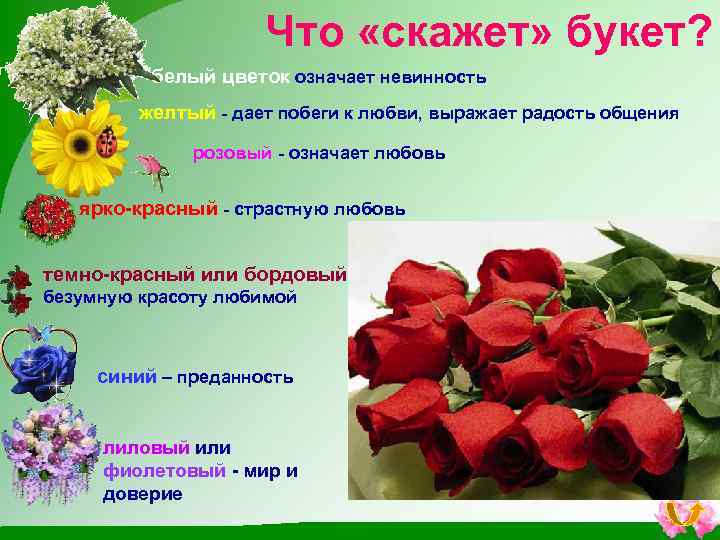 Что «скажет» букет? белый цветок означает невинность желтый - дает побеги к любви, выражает