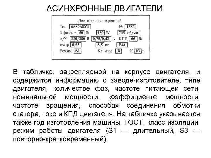 АСИНХРОННЫЕ ДВИГАТЕЛИ В табличке, закрепляемой на корпусе двигателя, и содержится информацию о заводе-изготовителе, типе