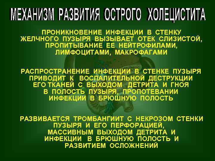 ПРОНИКНОВЕНИЕ ИНФЕКЦИИ В СТЕНКУ ЖЕЛЧНОГО ПУЗЫРЯ ВЫЗЫВАЕТ ОТЕК СЛИЗИСТОЙ, ПРОПИТЫВАНИЕ ЕЕ НЕЙТРОФИЛАМИ, ЛИМФОЦИТАМИ, МАКРОФАГАМИ