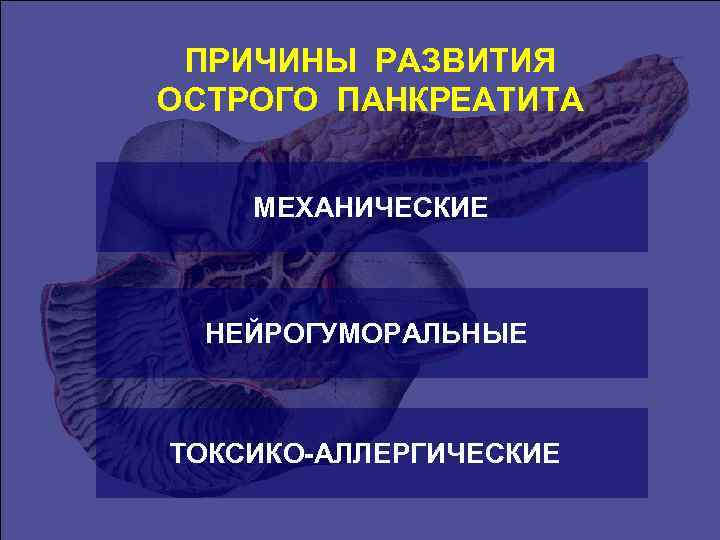 ПРИЧИНЫ РАЗВИТИЯ ОСТРОГО ПАНКРЕАТИТА МЕХАНИЧЕСКИЕ НЕЙРОГУМОРАЛЬНЫЕ ТОКСИКО-АЛЛЕРГИЧЕСКИЕ 