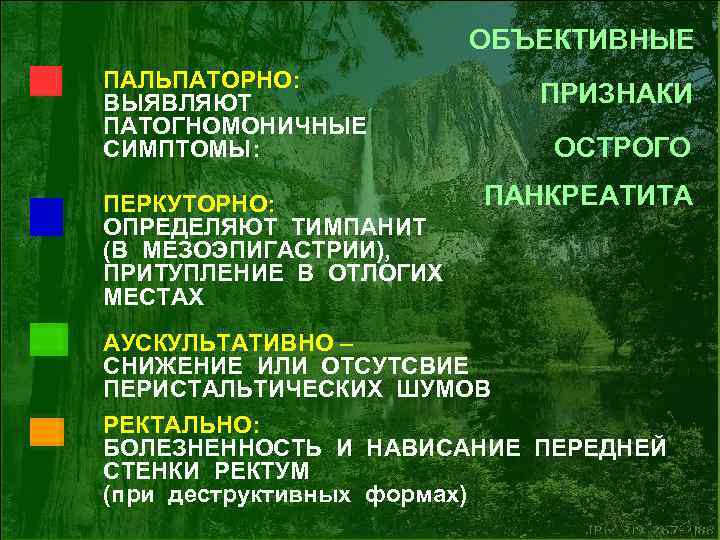 ОБЪЕКТИВНЫЕ ПАЛЬПАТОРНО: ВЫЯВЛЯЮТ ПАТОГНОМОНИЧНЫЕ СИМПТОМЫ: ПЕРКУТОРНО: ОПРЕДЕЛЯЮТ ТИМПАНИТ (В МЕЗОЭПИГАСТРИИ), ПРИТУПЛЕНИЕ В ОТЛОГИХ МЕСТАХ