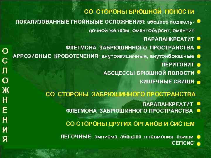 СО СТОРОНЫ БРЮШНОЙ ПОЛОСТИ ЛОКАЛИЗОВАННЫЕ ГНОЙНЫЫЕ ОСЛОЖНЕНИЯ: абсцесс поджелудочной железы, оментобурсит, оментит ПАРАПАНКРЕАТИТ О