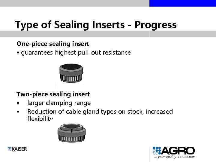 Type of Sealing Inserts - Progress One-piece sealing insert • guarantees highest pull-out resistance