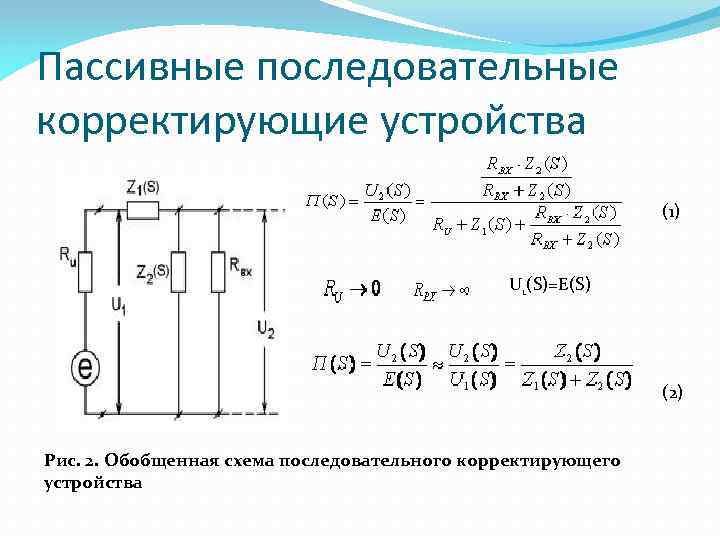 Пассивные последовательные корректирующие устройства (1) U 1(S)=E(S) (2) Рис. 2. Обобщенная схема последовательного корректирующего