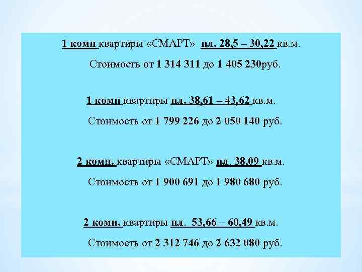 1 комн квартиры «СМАРТ» пл. 28, 5 – 30, 22 кв. м. Стоимость от