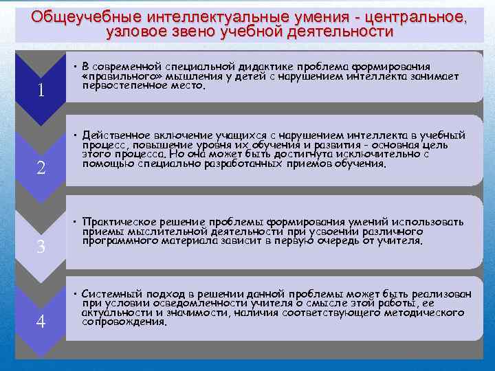 Общеучебные интеллектуальные умения - центральное, узловое звено учебной деятельности 1 2 3 4 •