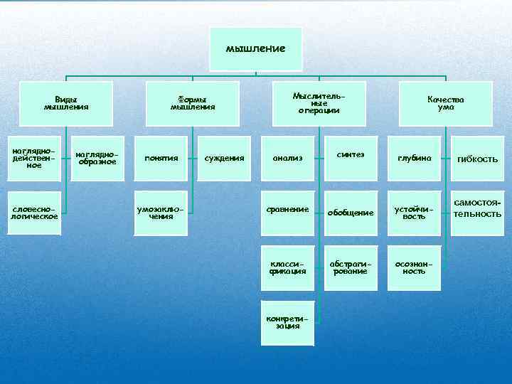 мышление Виды мышления нагляднодейственное словеснологическое нагляднообразное Формы мышления понятия умозаключения суждения Мыслительные операции Качества