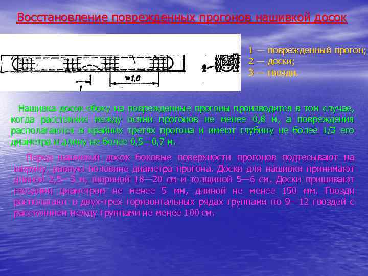 Восстановление поврежденных прогонов нашивкой досок 1 — поврежденный прогон; 2 — доски; 3 —